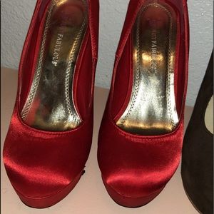 Red satin lace back platform heels